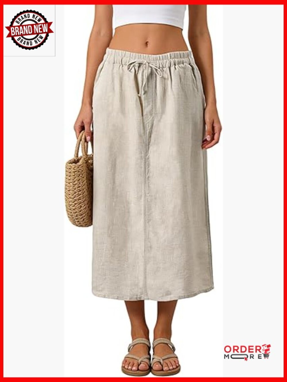 100% Linen Maxi Skirt Elastic Waist Drawstring A-Line with Pockets